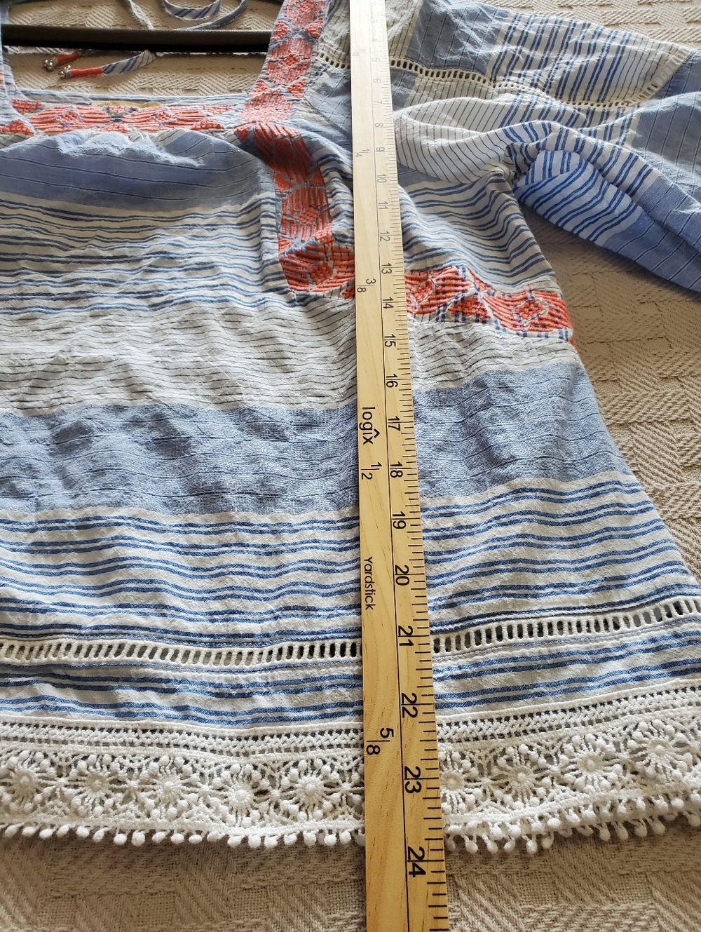 Democracy Blue Striped Boho Peasant Top with Red Embroidery and Lace Trim - Picture 4 of 14